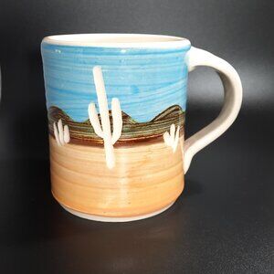 Studio Pottery Sgraffito Technique Cactus Coffee Tea Mug Cup Southwest